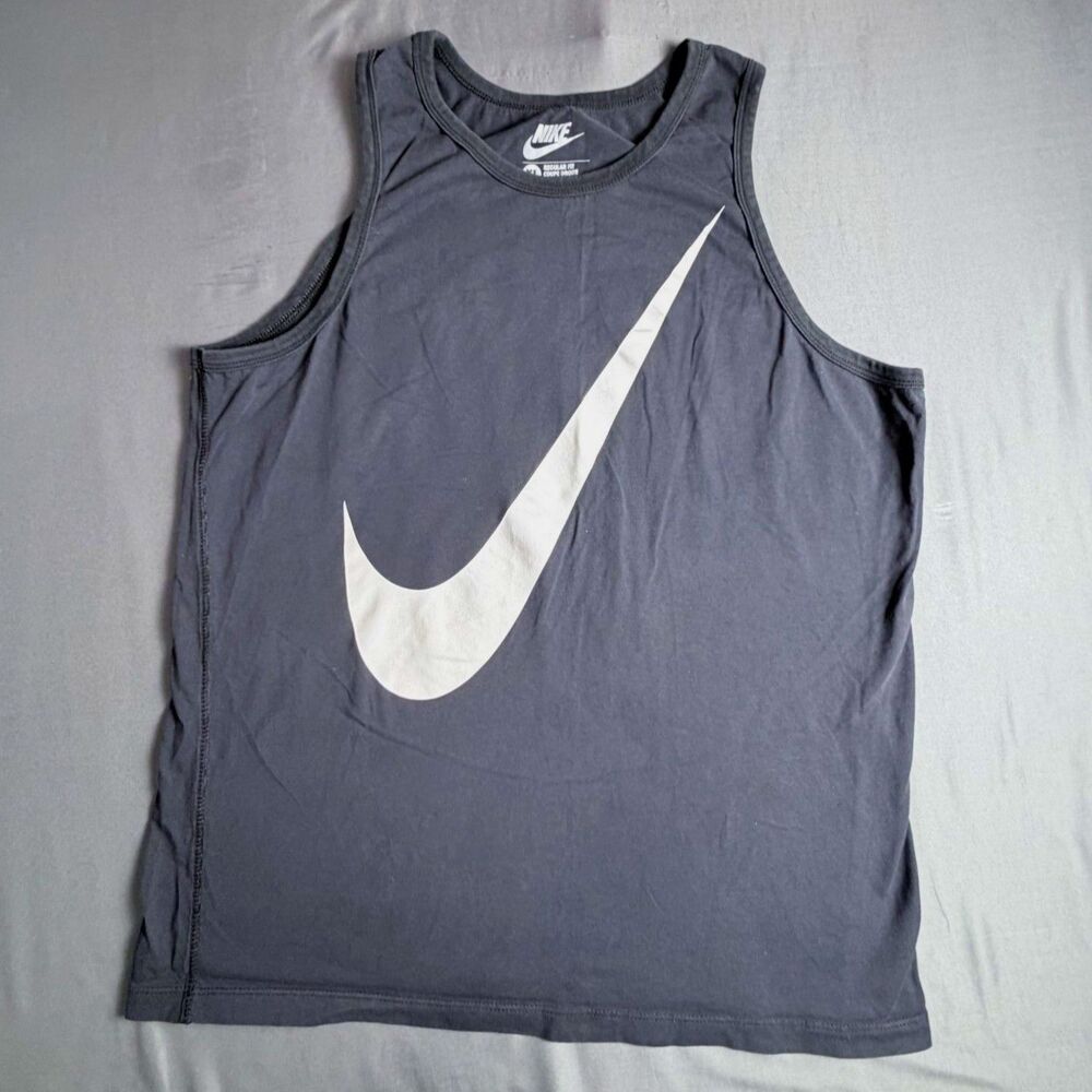 Nike Men XL Cut Off Black Tee Tank Big White Swoosh Workout Gym Running Exercise
